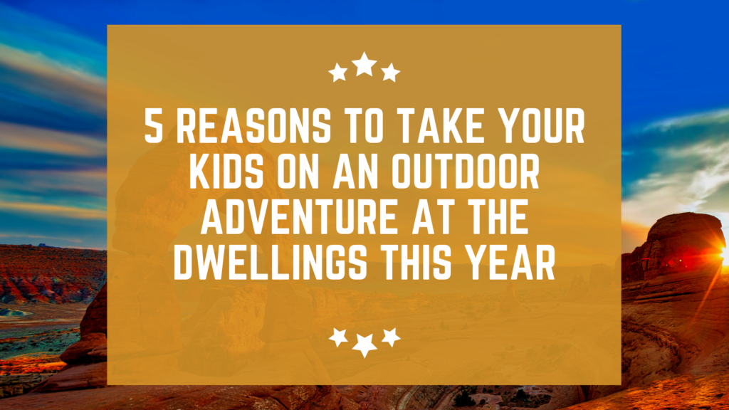 Promotional family outdoor adventure poster with scenic backdrop