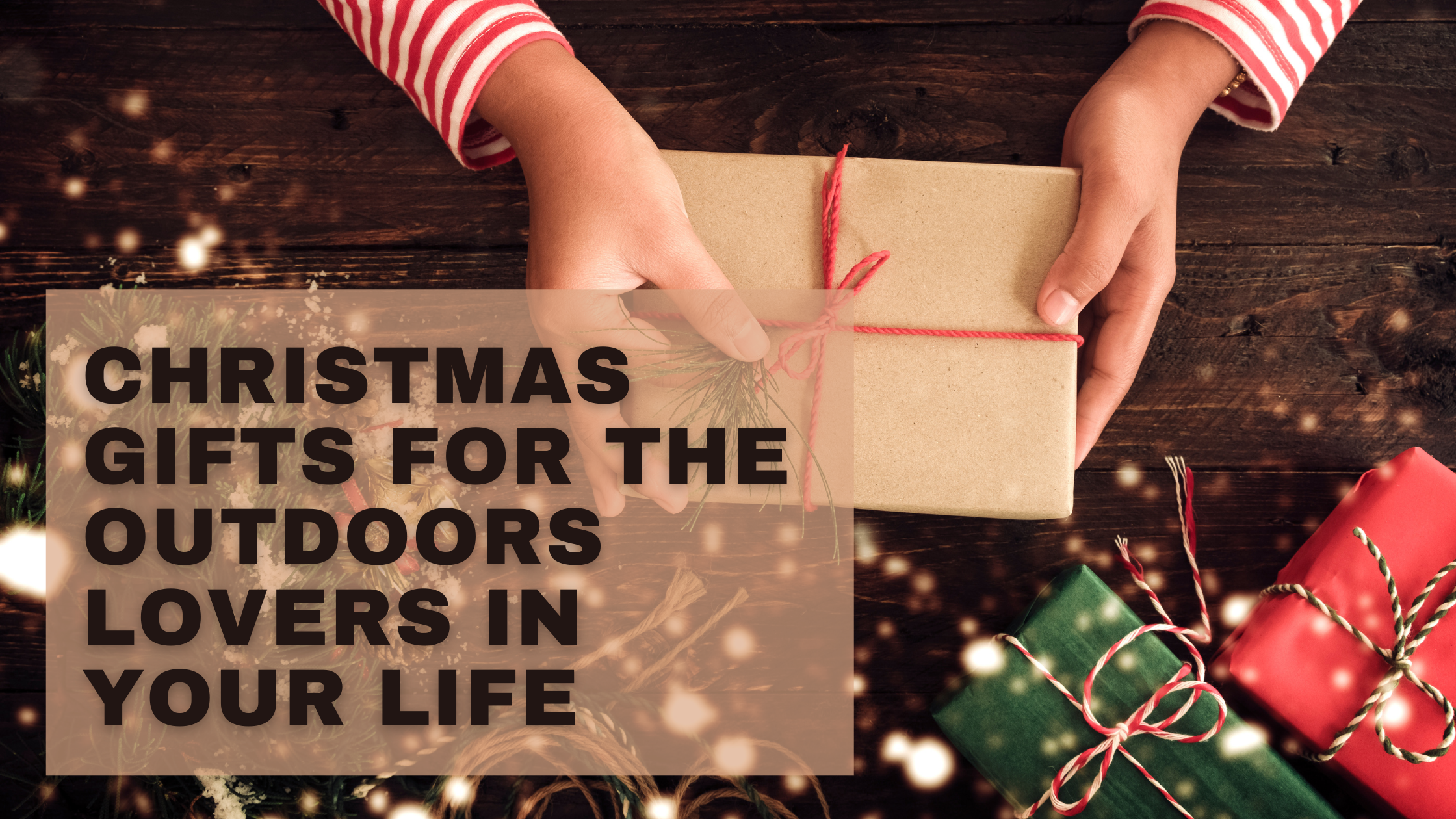 Person wrapping Christmas gifts for outdoor enthusiasts.