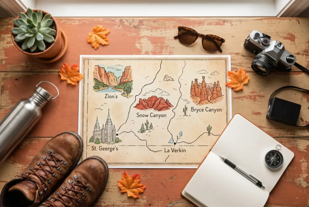 Illustrated map of Southern Utah highlighting Zion National Park, Snow Canyon, Bryce Canyon, St. George and La Verkin as the central base, surrounded by hiking boots, water bottle, camera and autumn leaves on a wooden desk.