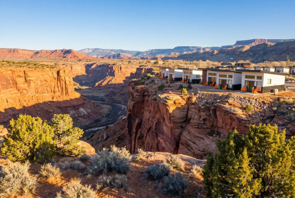 Modern white cliffside resort buildings with orange outdoor chairs overlooking a deep red rock canyon and winding river under a clear blue sky.