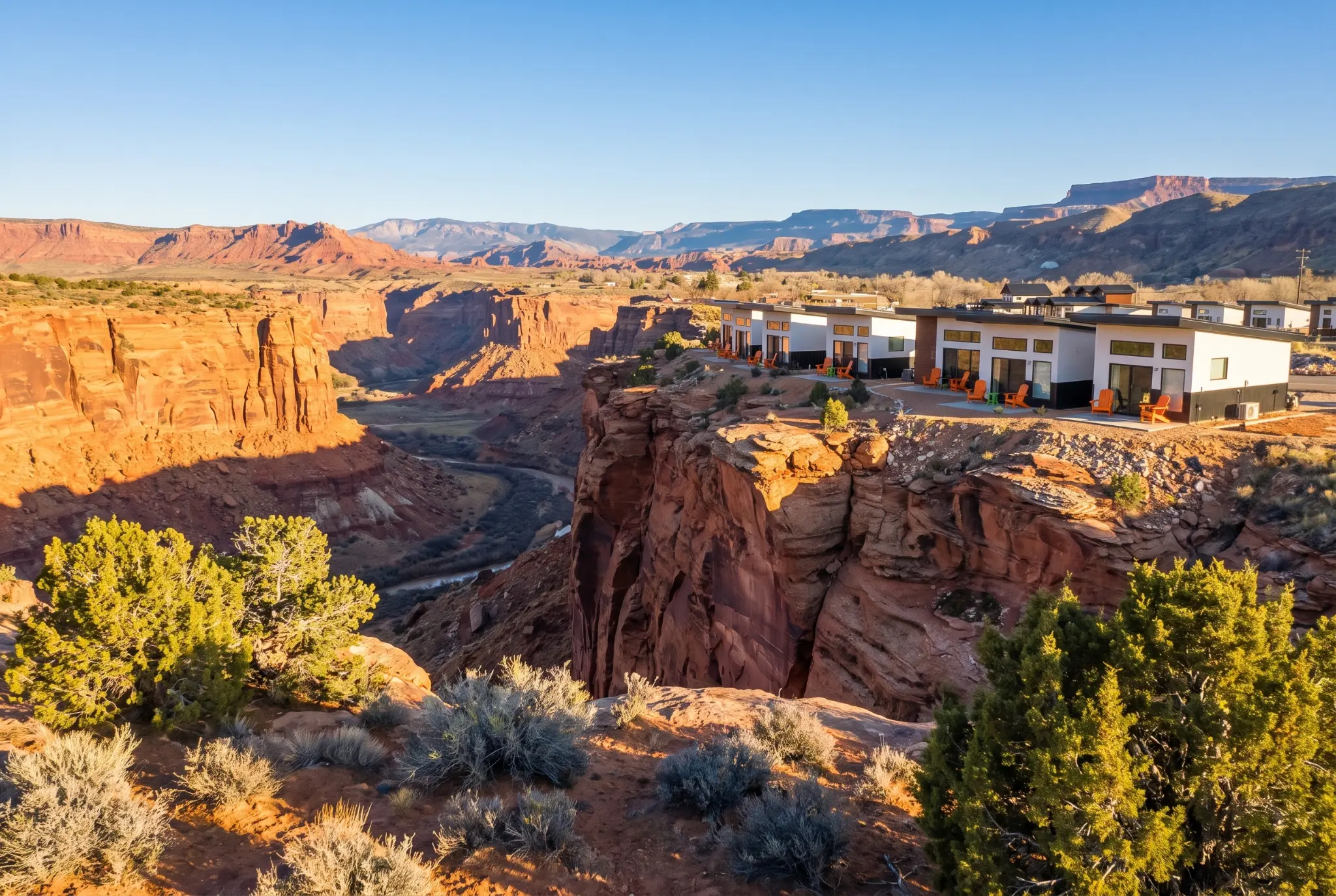 Modern white cliffside resort buildings with orange outdoor chairs overlooking a deep red rock canyon and winding river under a clear blue sky.
