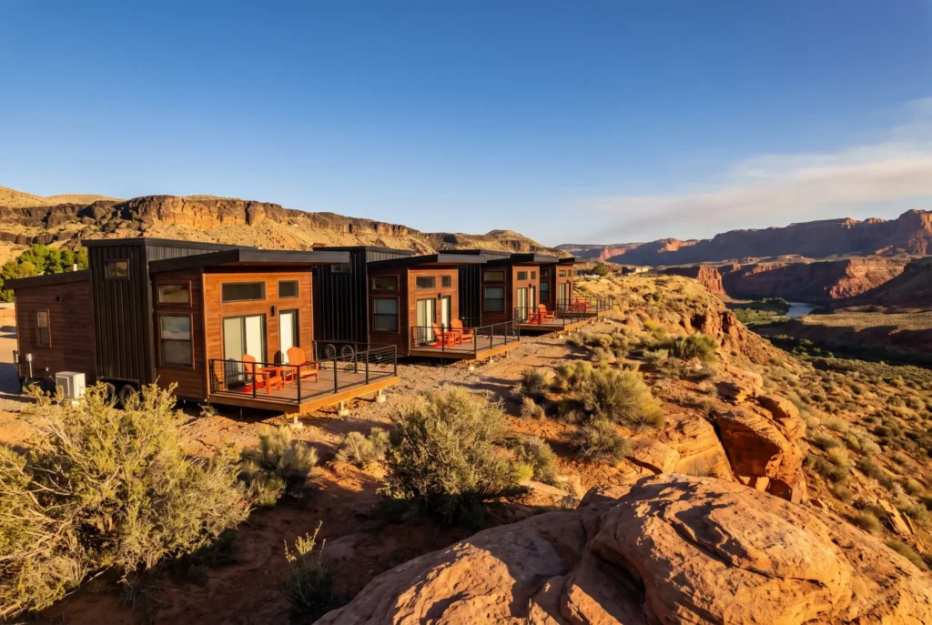 Modern wooden cabins with private decks and orange Adirondack chairs perched on the red rock rim overlooking the Virgin River canyon near La Verkin, Utah, with sweeping desert and canyon views under clear blue skies.