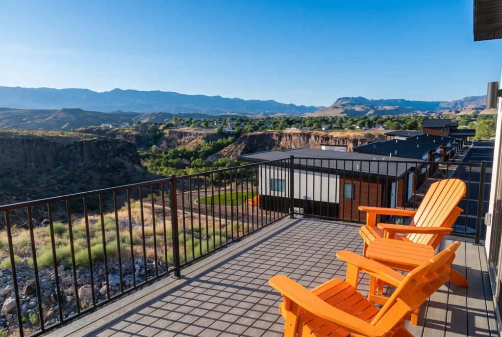 Private patio with orange Adirondack chairs overlooking canyon and mountain views at a tiny home vacation rental near Zion National Park, La Verkin Utah