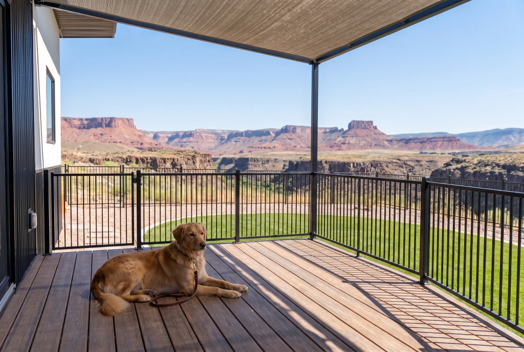 A leashed dog resting on a shaded patio at The Dwellings in La Verkin, with a fenced yard and canyon views.