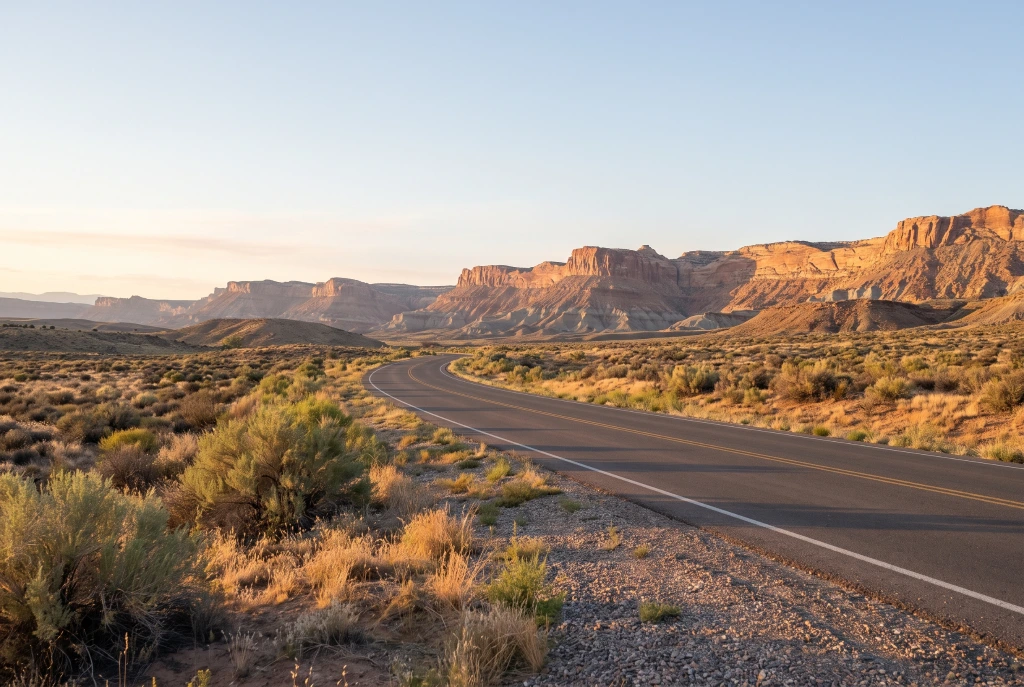 A quiet desert highway curving toward red-rock cliffs on the drive between La Verkin and Zion.