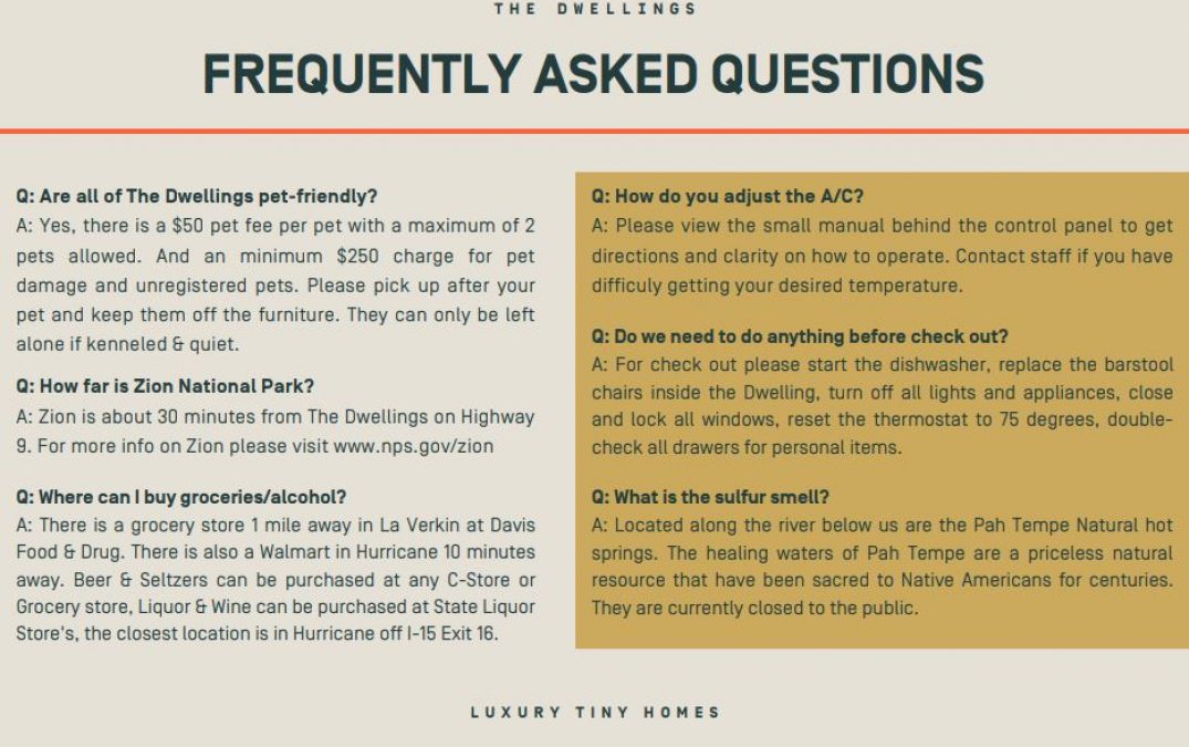 FAQ section about accommodations, pet policy, and local amenities.