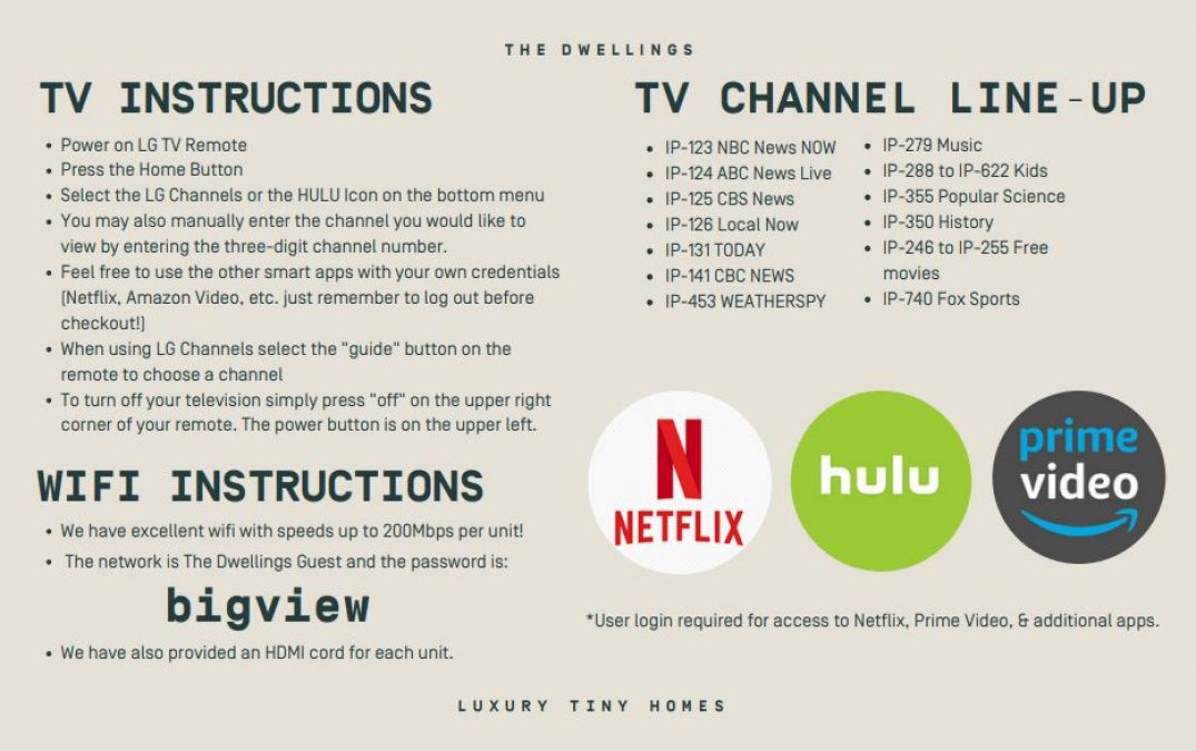 Graphic showing TV and WiFi instructions for Luxury Tiny Homes.
