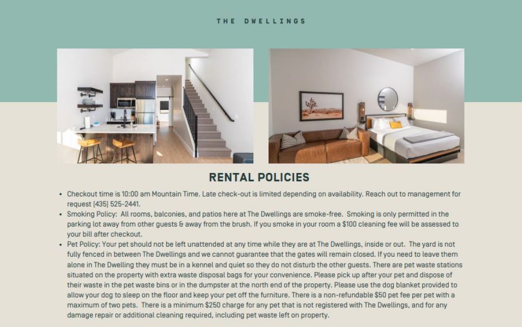 Modern apartment interior and rental policy information.