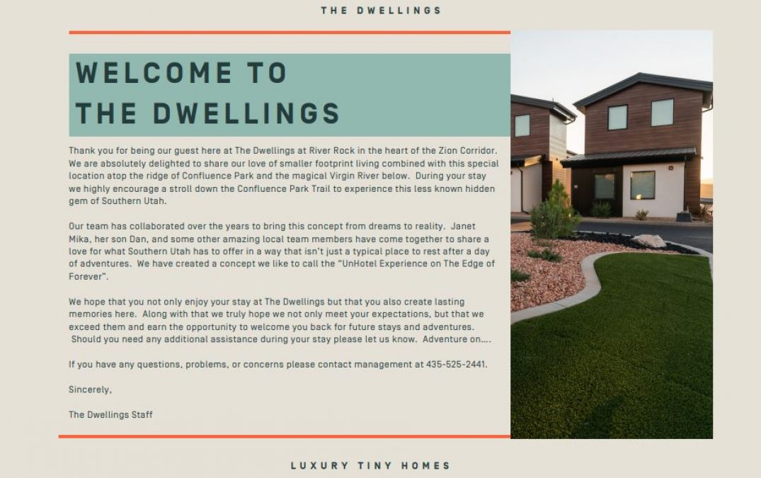 Welcome letter and luxury tiny homes exterior view.