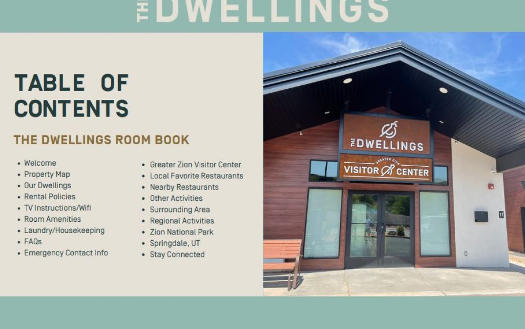 The Dwellings visitor center entrance and room book contents.