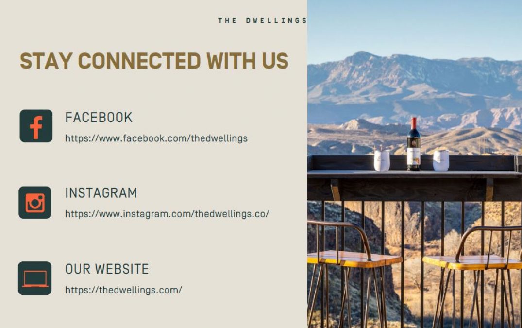 Mountain view terrace with wine, connect on social media.