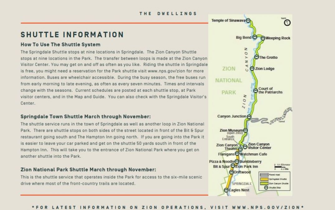 Zion National Park shuttle information and route map.