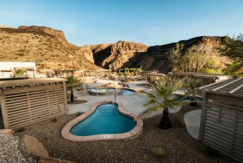 Aerial view of geothermal soaking pools at Zion Canyon Hot Springs La Verkin Utah